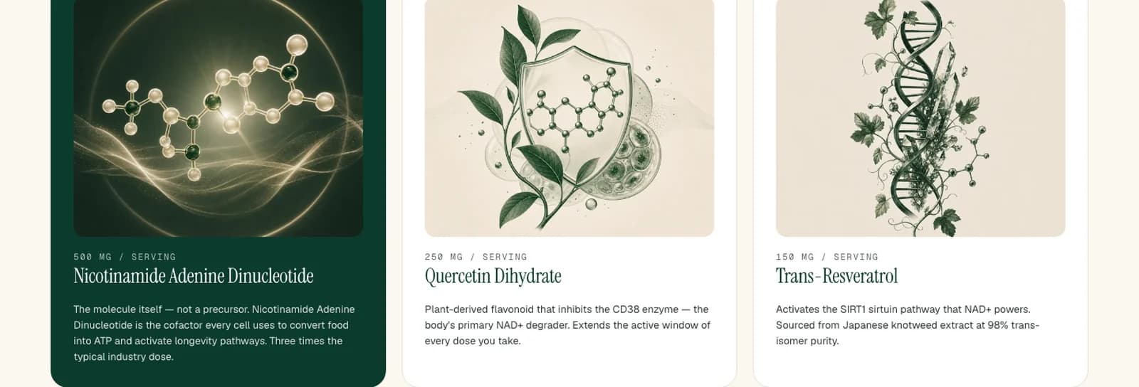 Three cards detailing nicotinamide adenine dinucleotide, quercetin dihydrate and trans-resveratrol