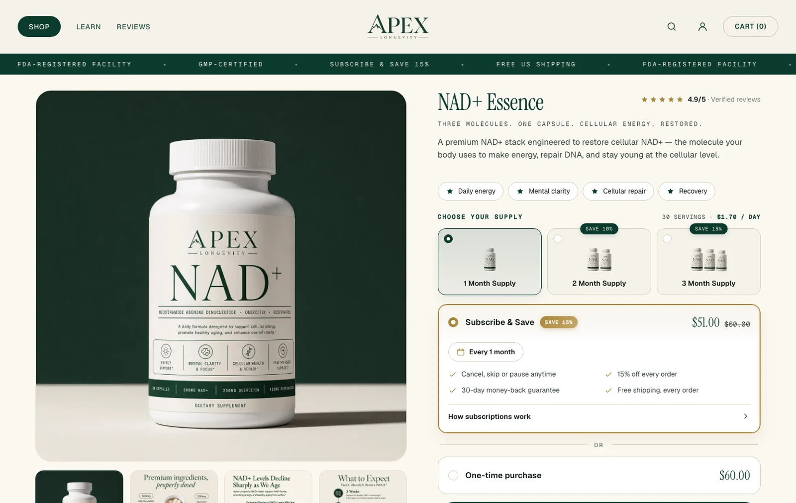 The NAD+ Essence product page with supply selector, subscribe-and-save and the add to cart action