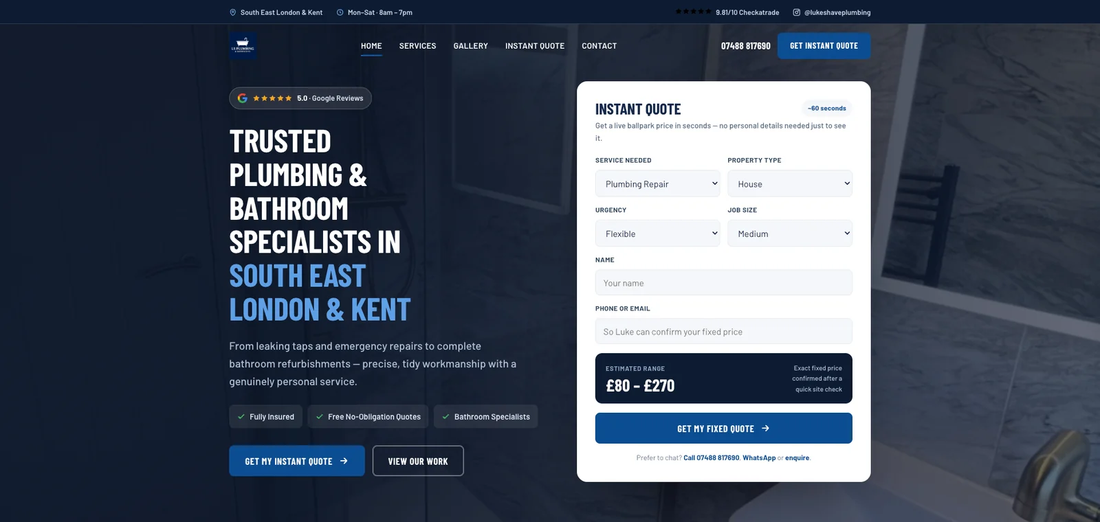 Luke Shave Plumbing homepage hero, with the instant quote form showing an estimated range of £80 to £270