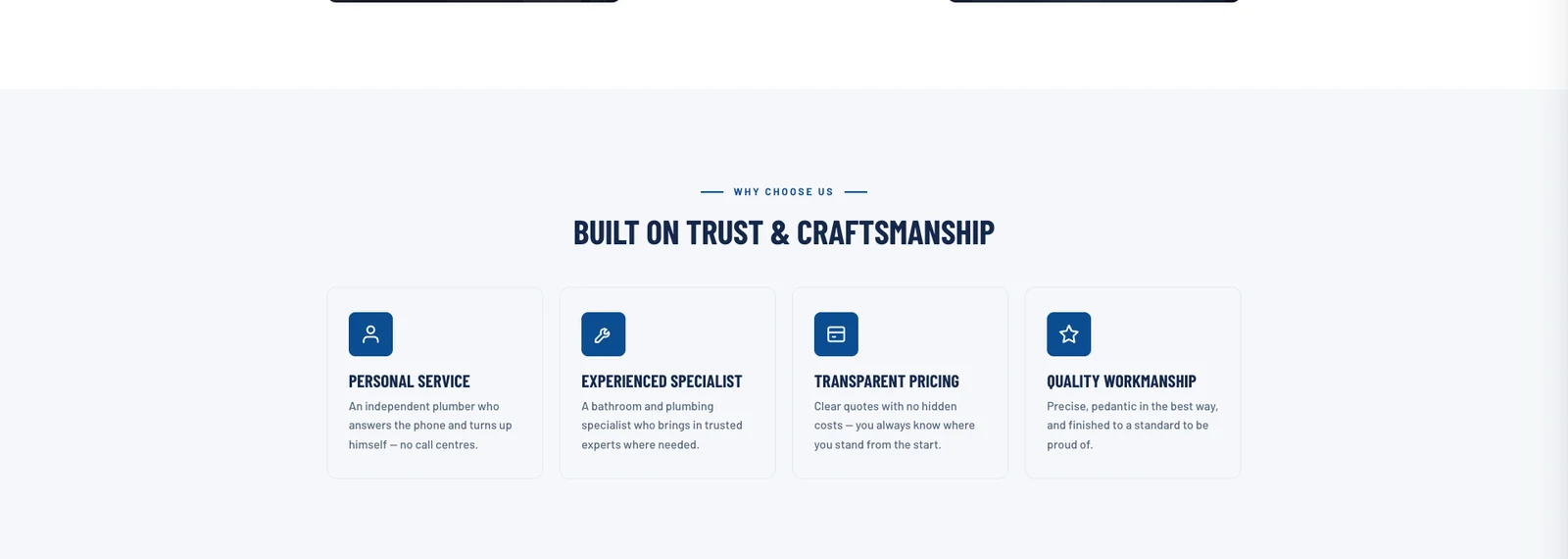 A row of four cards covering personal service, experience, transparent pricing and quality workmanship